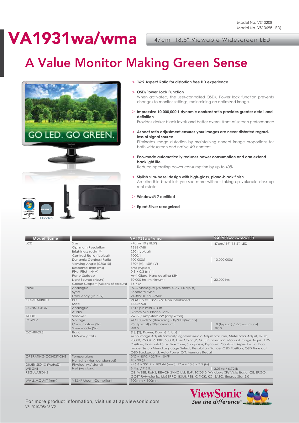 VIEWSONIC 47cm/18.5" Viewable Widescreen LED VA1931wa/wma User Manual | 1 page