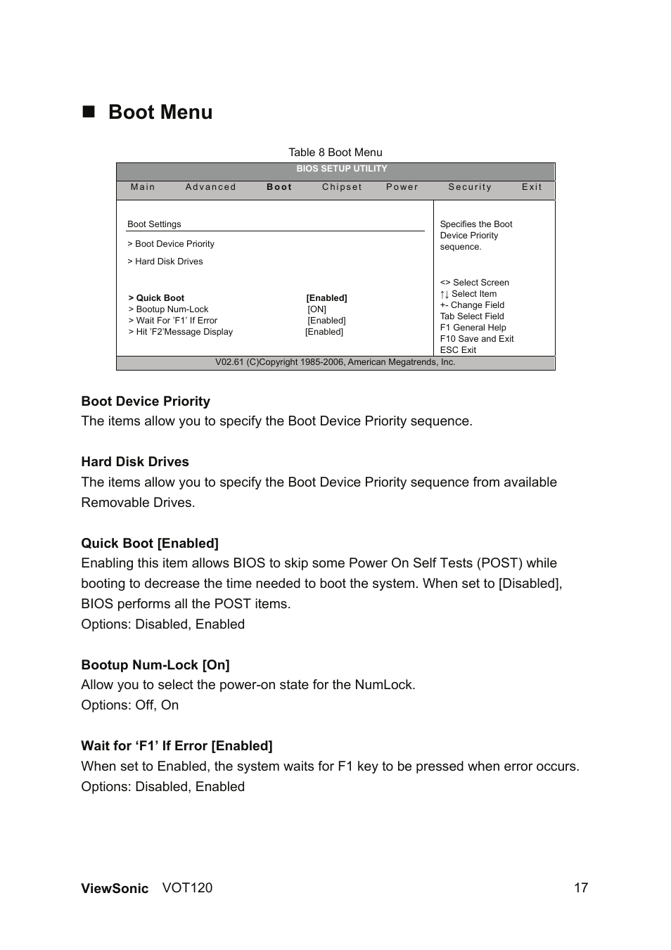Boot menu | VIEWSONIC VOT120 PC Mini VS12869 User Manual | Page 25 / 38