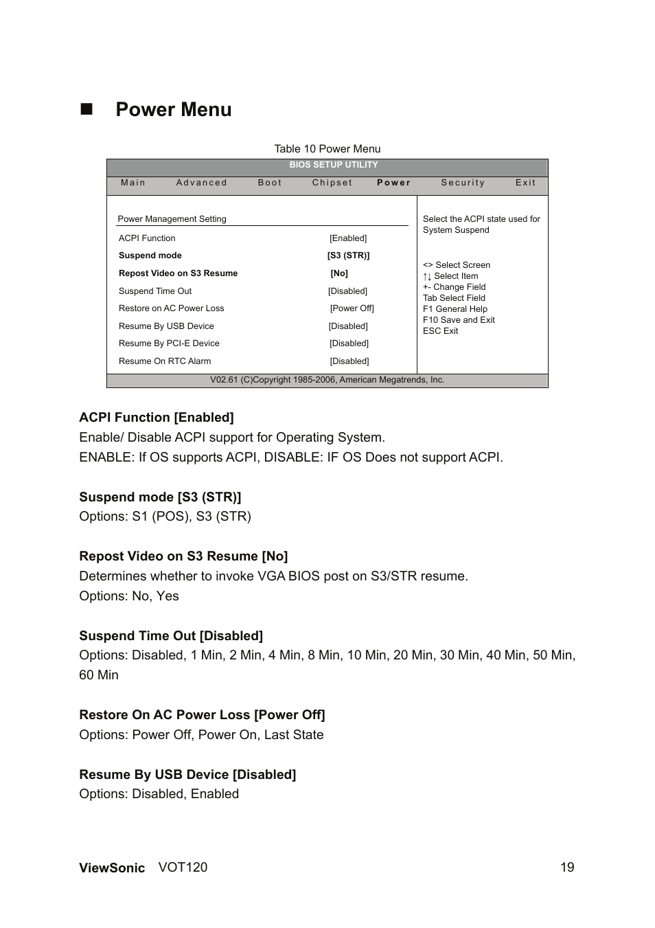 Power menu | VIEWSONIC VOT120 PC Mini VS12869 User Manual | Page 27 / 38