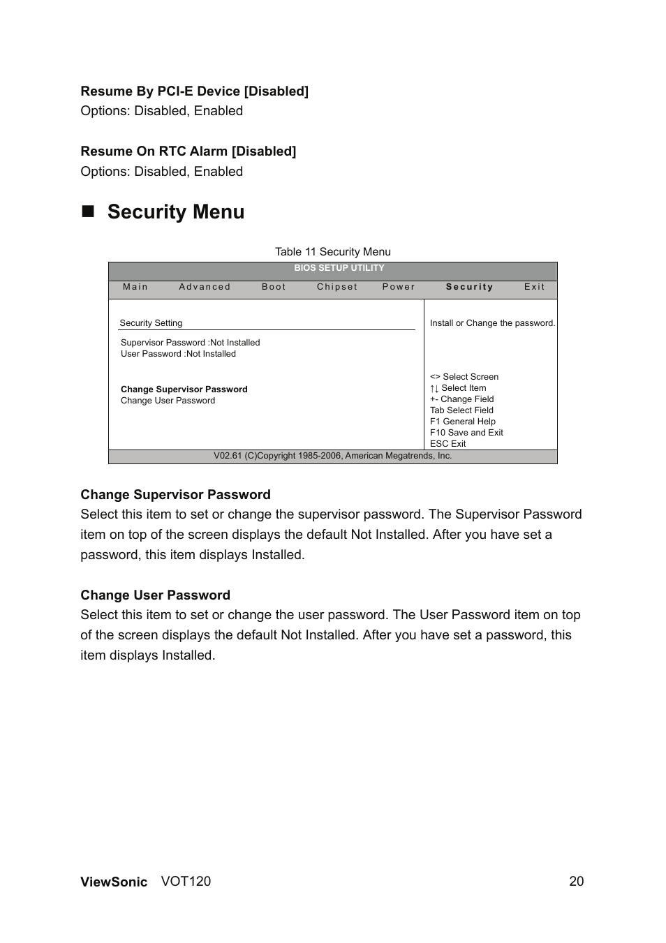 Security menu | VIEWSONIC VOT120 PC Mini VS12869 User Manual | Page 28 / 38