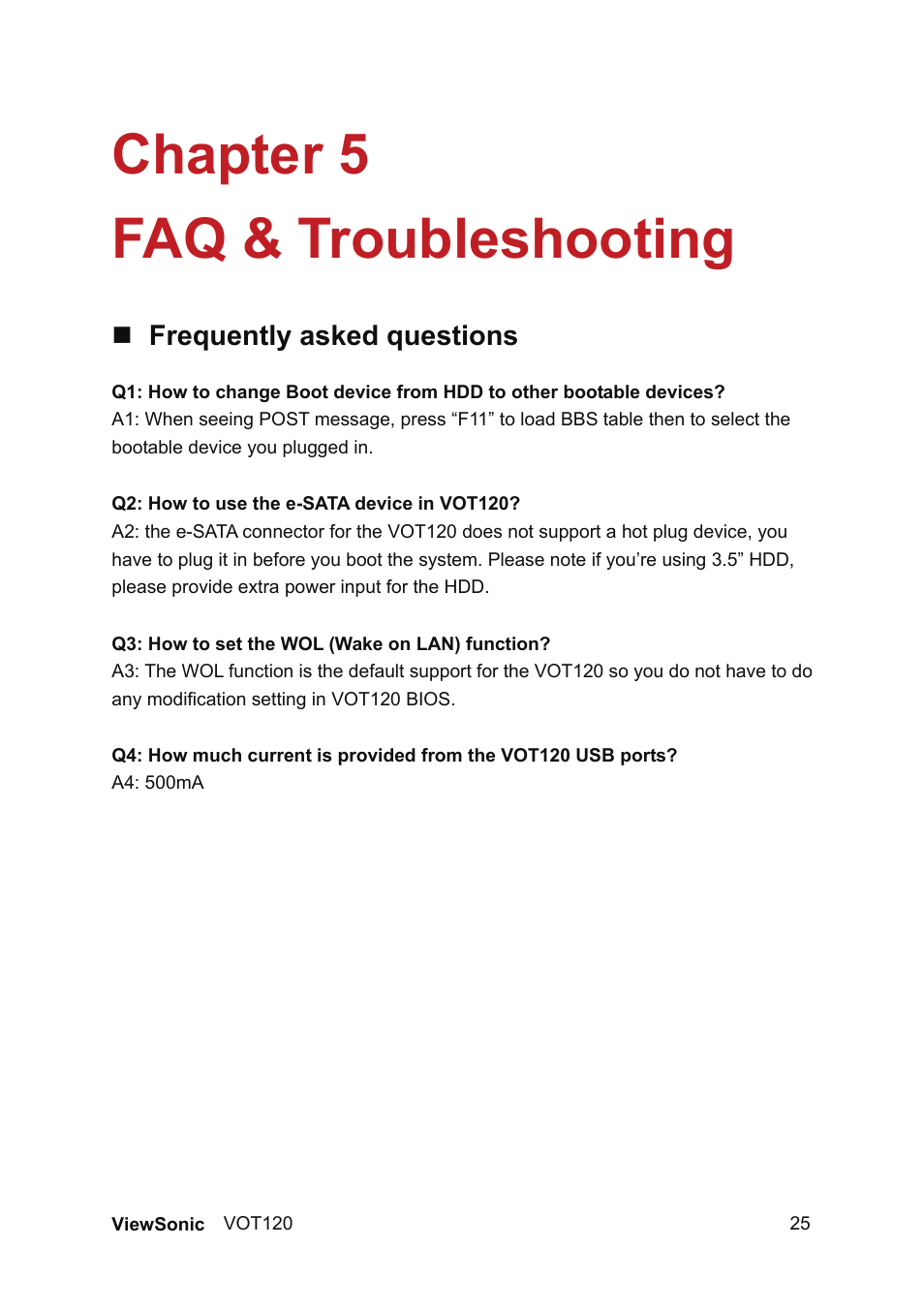 Chapter 5 faq & troubleshooting | VIEWSONIC VOT120 PC Mini VS12869 User Manual | Page 33 / 38