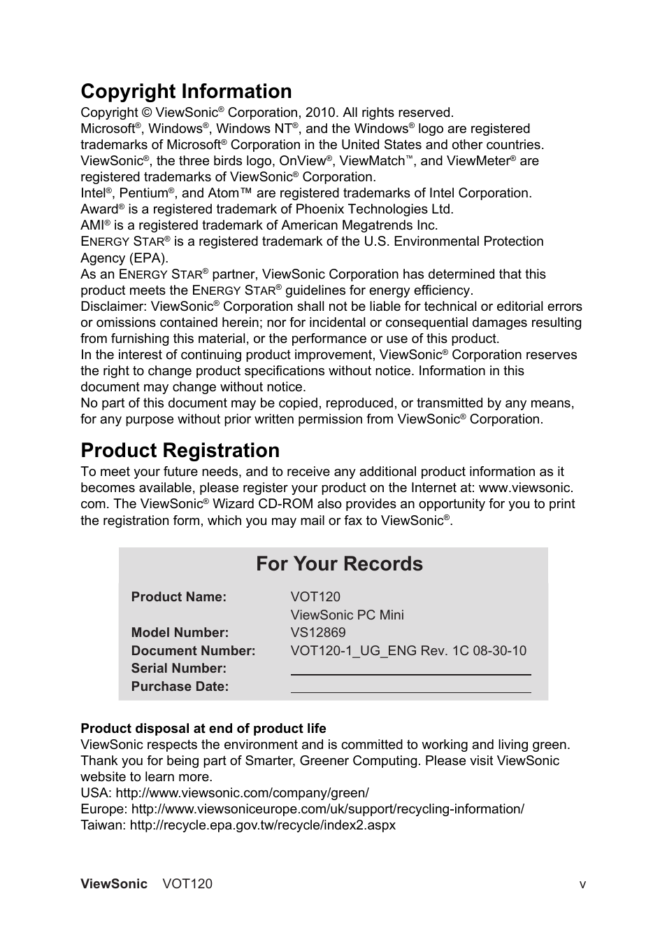 Copyright information, Product registration, For your records | VIEWSONIC VOT120 PC Mini VS12869 User Manual | Page 6 / 38
