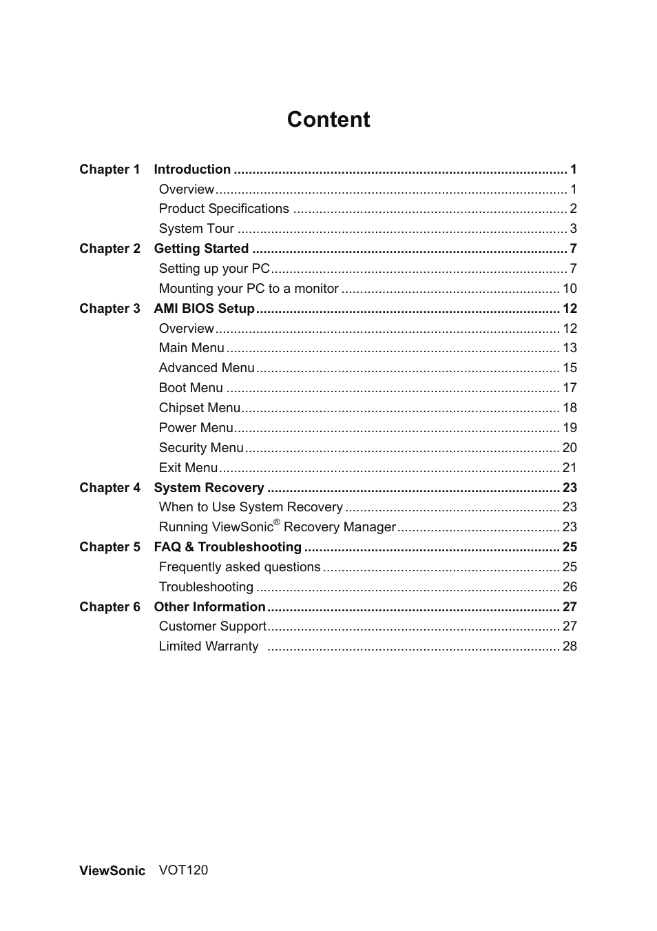 Content | VIEWSONIC VOT120 PC Mini VS12869 User Manual | Page 7 / 38