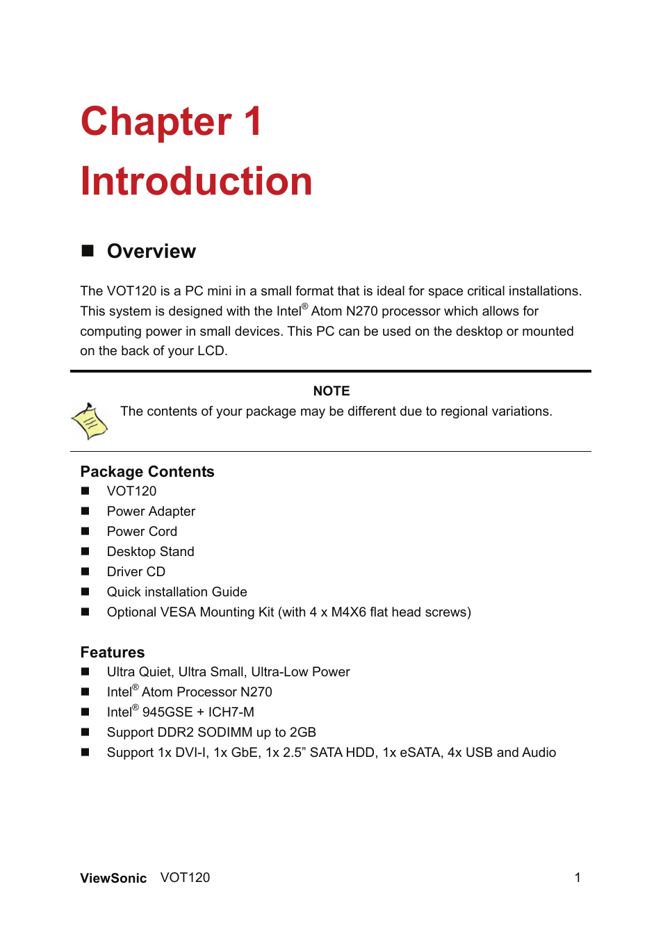 Chapter 1, Introduction, Overview | VIEWSONIC VOT120 PC Mini VS12869 User Manual | Page 9 / 38