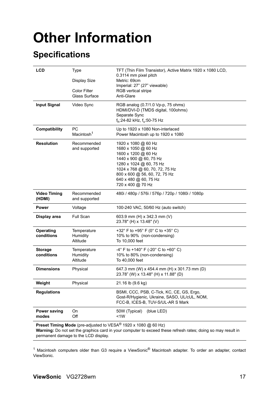Other information, Specifications | VIEWSONIC VS12844 User Manual | Page 19 / 27