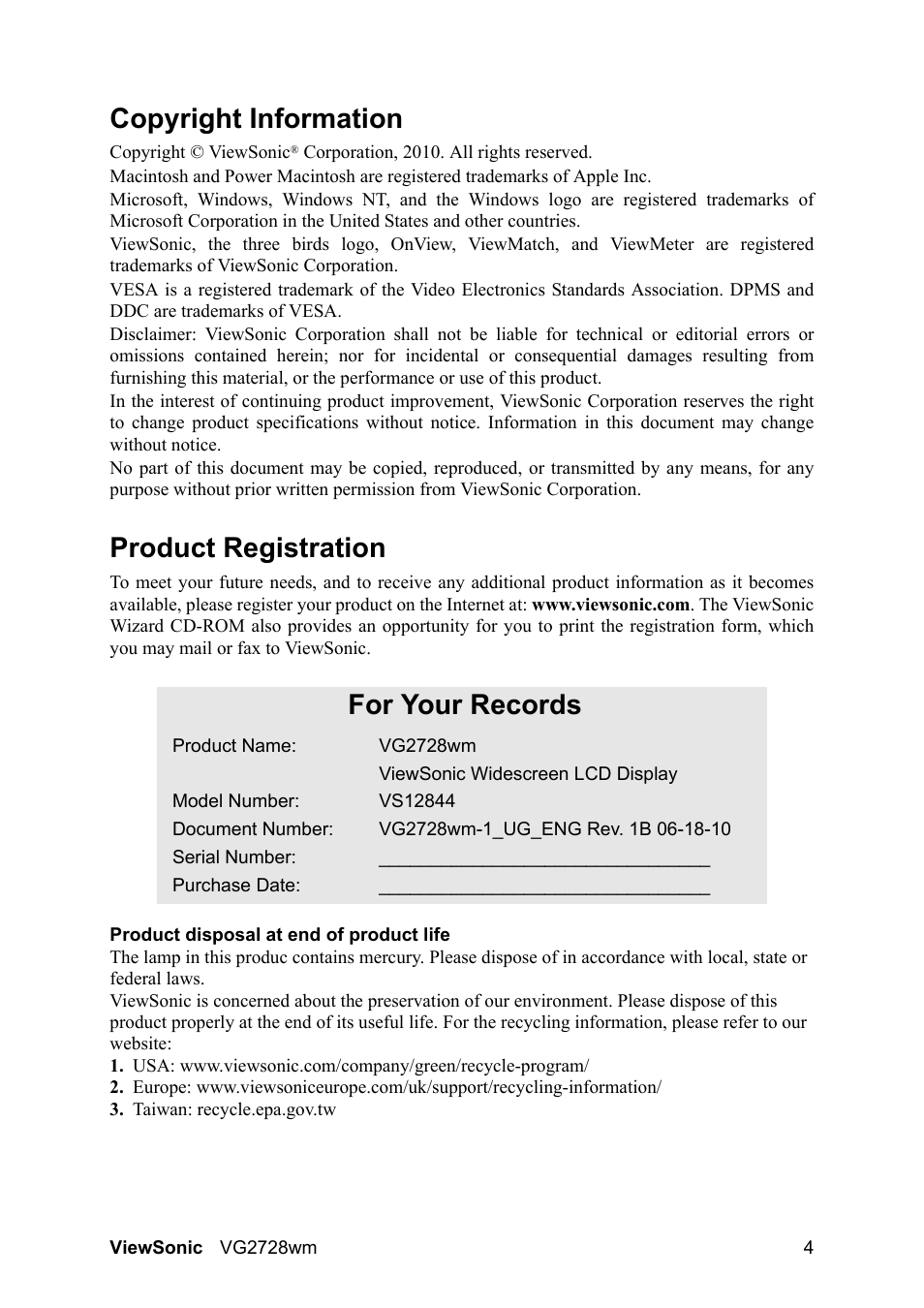 Copyright information, Product registration, For your records | VIEWSONIC VS12844 User Manual | Page 6 / 27