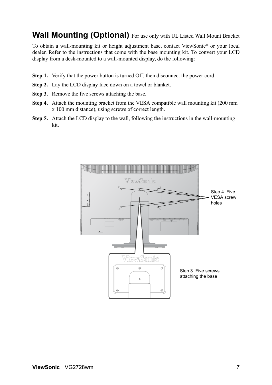 Wall mounting (optional) | VIEWSONIC VS12844 User Manual | Page 9 / 27
