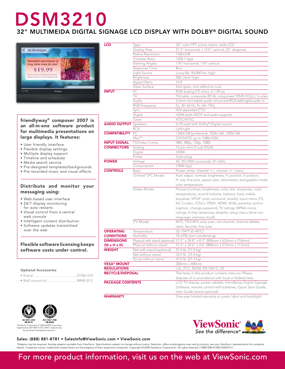 Dsm3210, Digital sound, Friendlyway | Distribute and monitor your messaging using | VIEWSONIC DSM3210 User Manual | Page 2 / 2