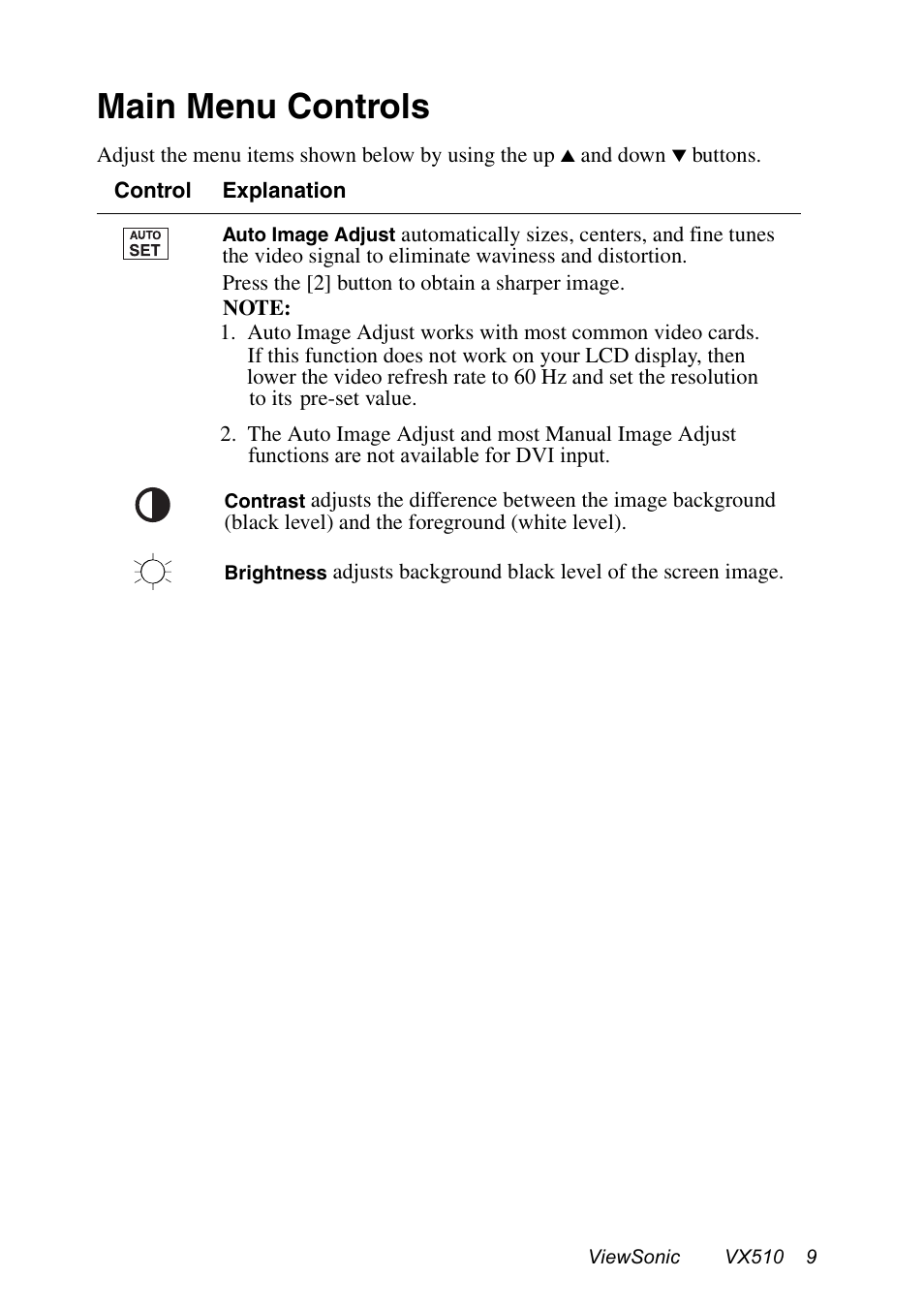 Main menu controls | VIEWSONIC VX510 User Manual | Page 10 / 21
