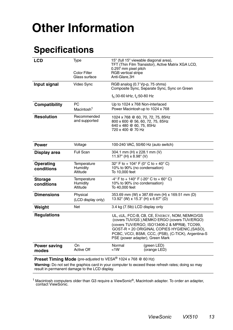 Other information, Specifications | VIEWSONIC VX510 User Manual | Page 14 / 21