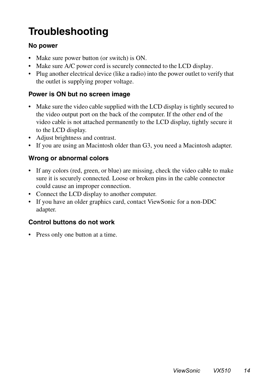 Troubleshooting | VIEWSONIC VX510 User Manual | Page 15 / 21