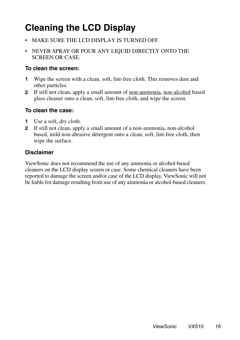 Cleaning the lcd display | VIEWSONIC VX510 User Manual | Page 17 / 21