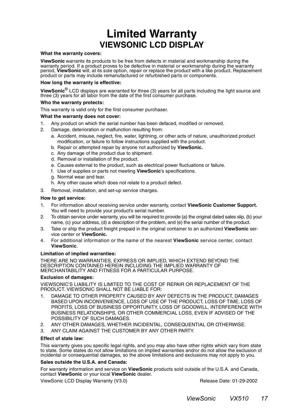Limited warranty, Viewsonic lcd display | VIEWSONIC VX510 User Manual | Page 18 / 21