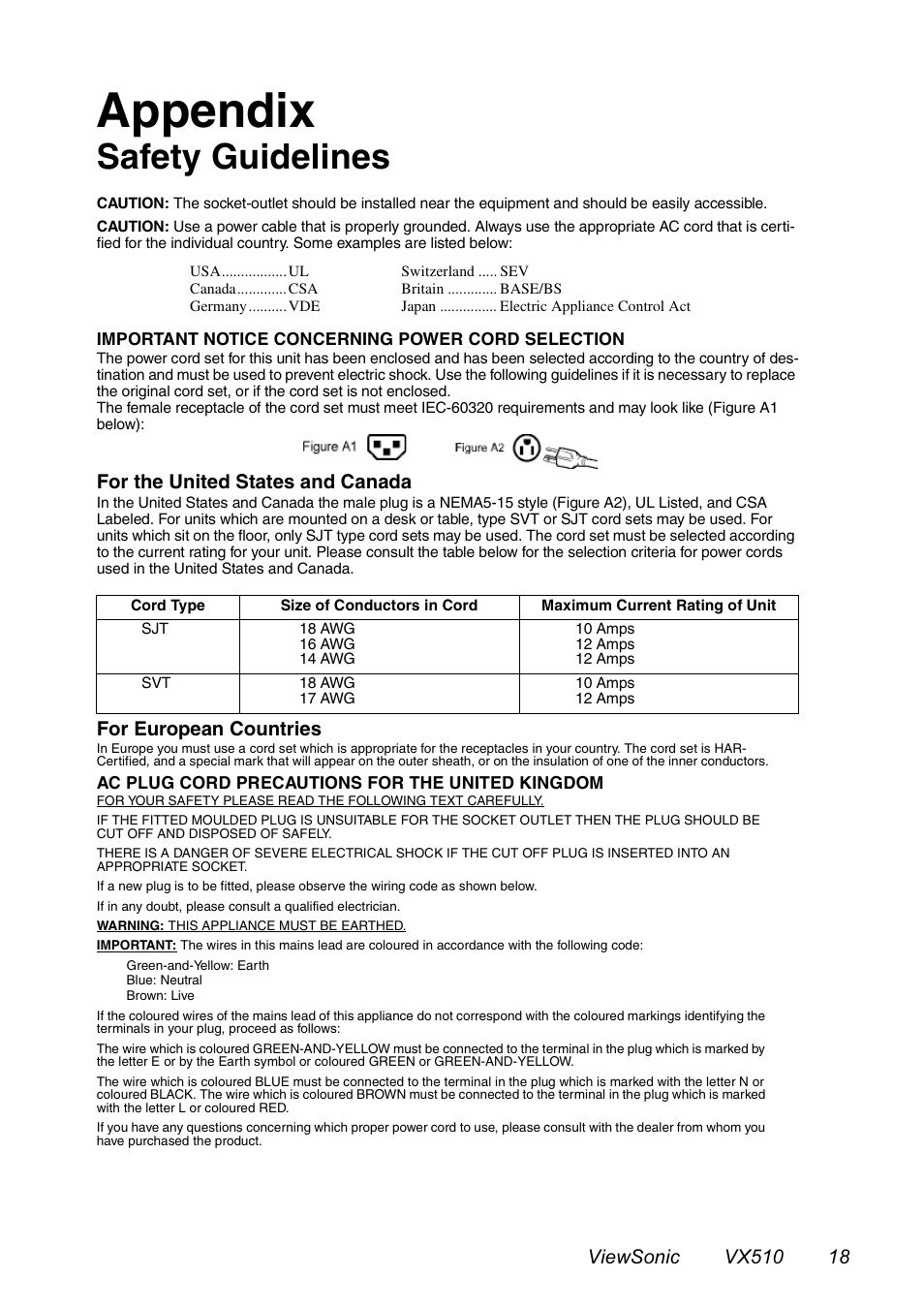 Appendix, Safety guidelines, For the united states and canada | For european countries | VIEWSONIC VX510 User Manual | Page 19 / 21