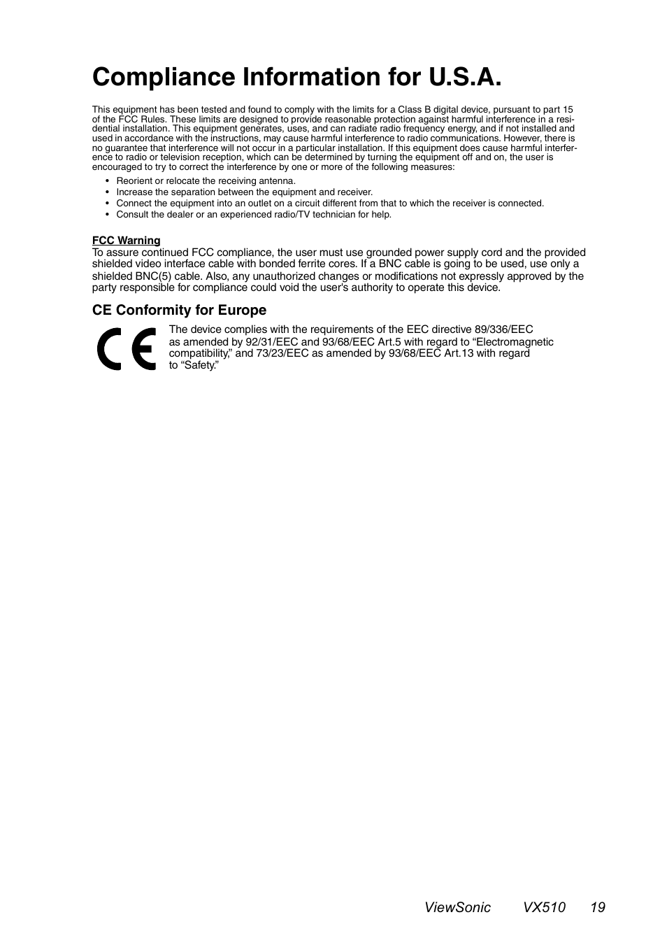 Compliance information for u.s.a | VIEWSONIC VX510 User Manual | Page 20 / 21
