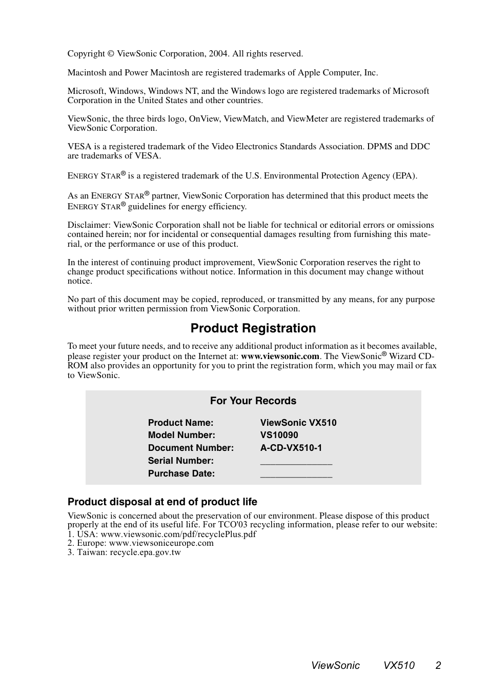 Product registration | VIEWSONIC VX510 User Manual | Page 3 / 21