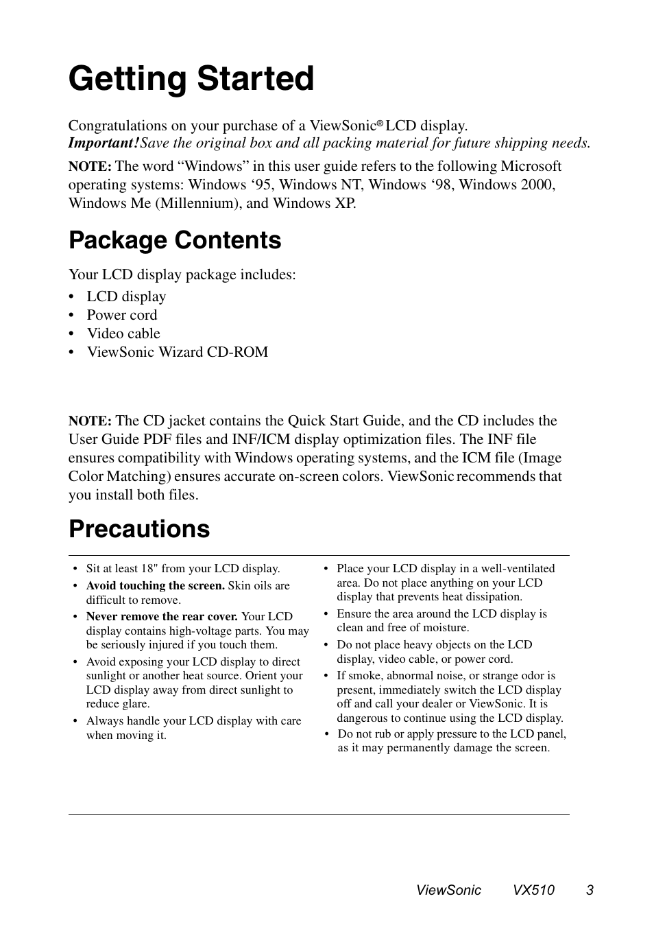 Getting started, Package contents, Precautions | VIEWSONIC VX510 User Manual | Page 4 / 21