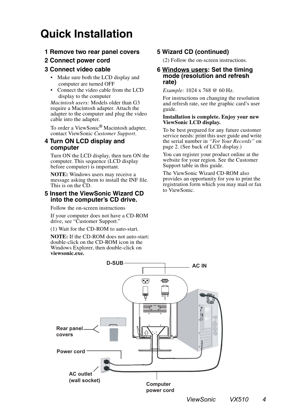 Quick installation | VIEWSONIC VX510 User Manual | Page 5 / 21