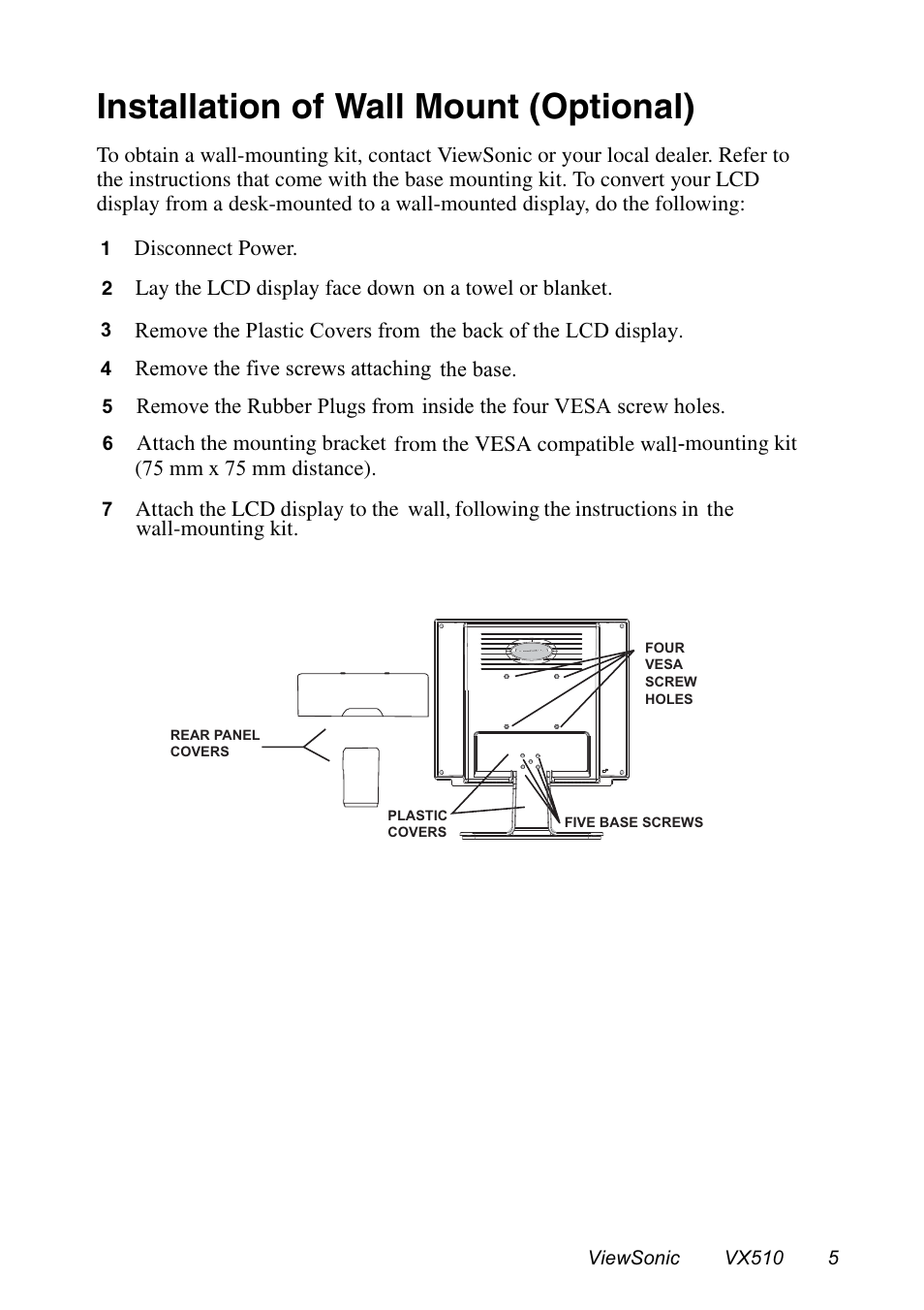 Installation of wall mount (optional) | VIEWSONIC VX510 User Manual | Page 6 / 21