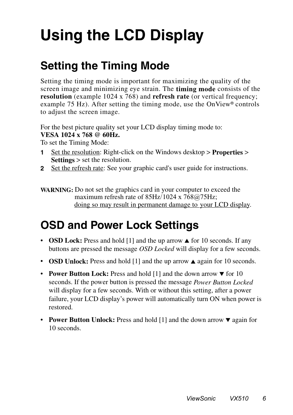 Using the lcd display, Setting the timing mode, Osd and power lock settings | VIEWSONIC VX510 User Manual | Page 7 / 21