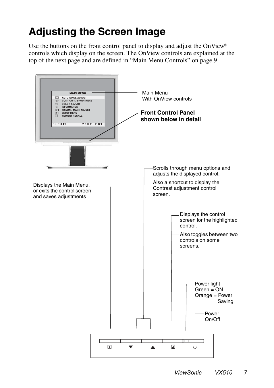 Adjusting the screen image | VIEWSONIC VX510 User Manual | Page 8 / 21