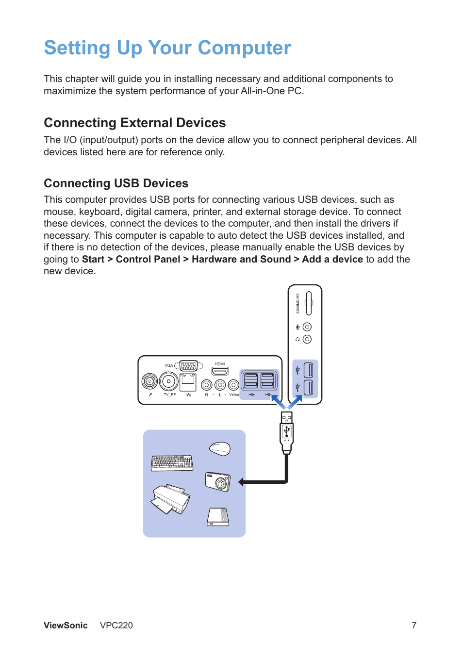 Setting up your computer, Connecting external devices, Connecting usb devices | VIEWSONIC VS13426 User Manual | Page 14 / 59