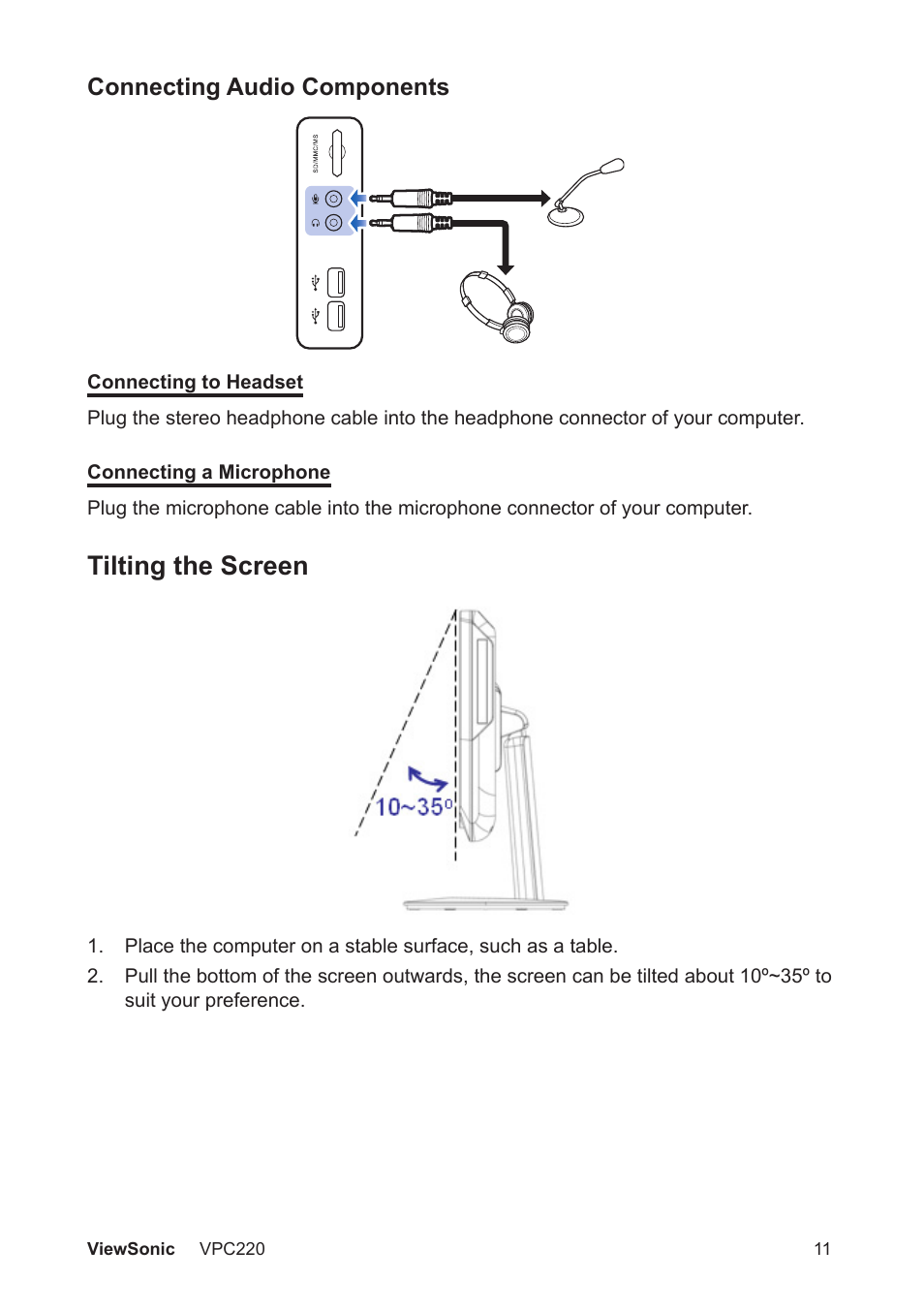 Tilting the screen | VIEWSONIC VS13426 User Manual | Page 18 / 59