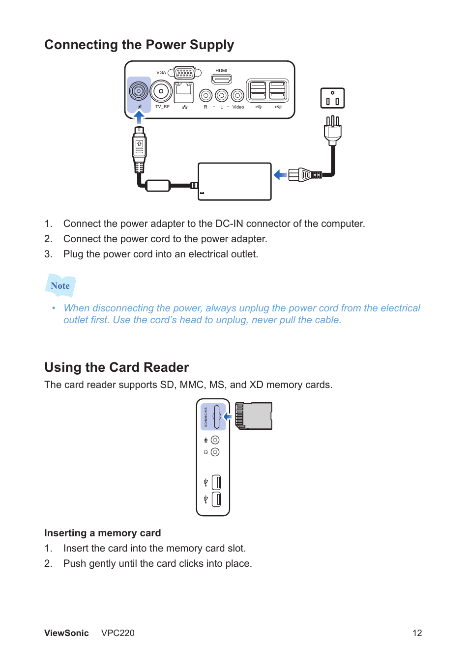 Connecting the power supply, Using the card reader | VIEWSONIC VS13426 User Manual | Page 19 / 59