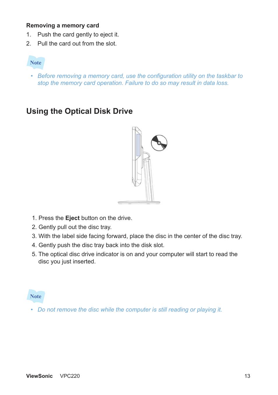 Using the optical disk drive | VIEWSONIC VS13426 User Manual | Page 20 / 59