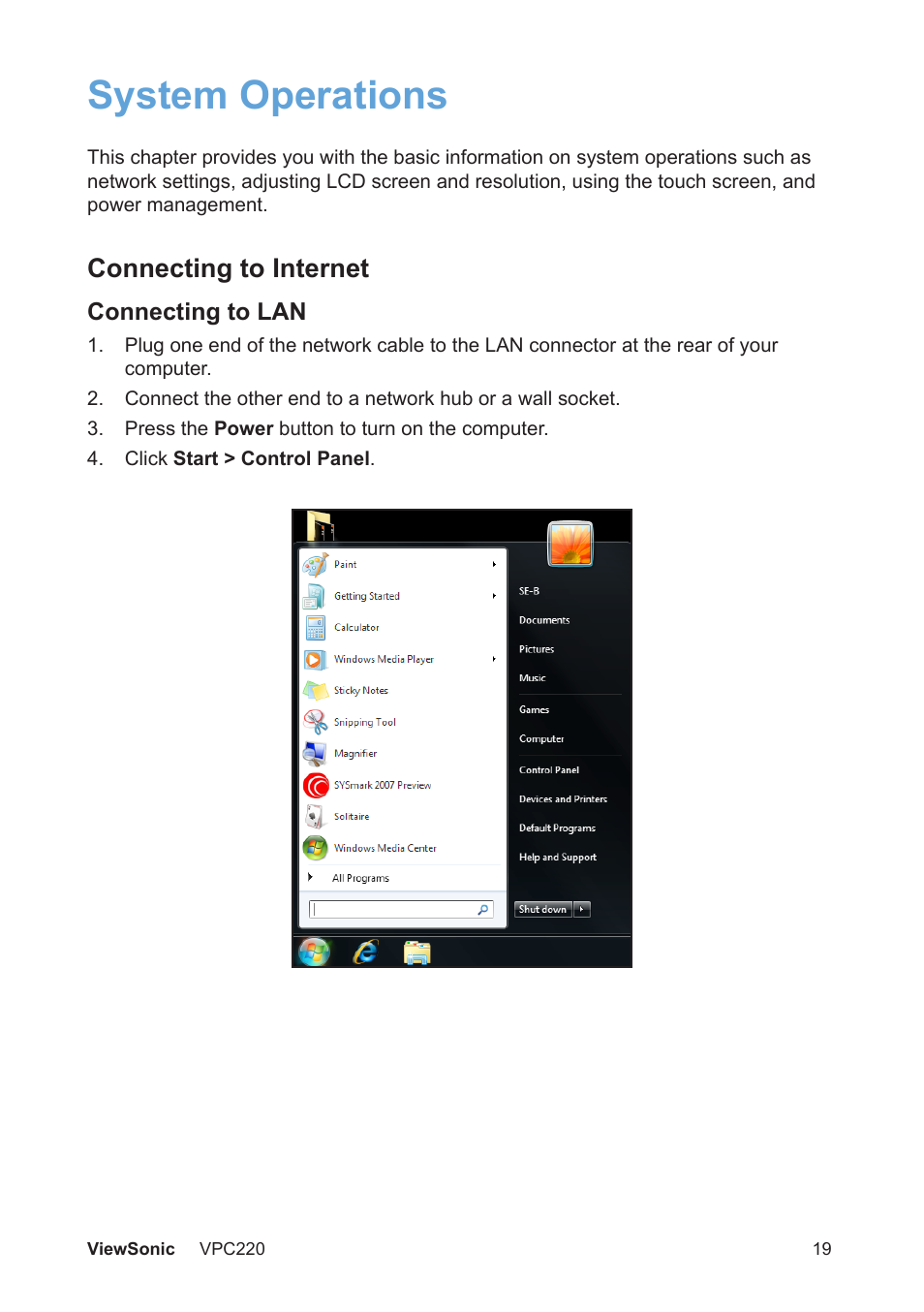 System operations, Connecting to internet | VIEWSONIC VS13426 User Manual | Page 26 / 59