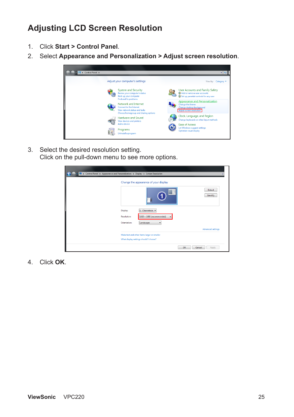 Adjusting lcd screen resolution | VIEWSONIC VS13426 User Manual | Page 32 / 59