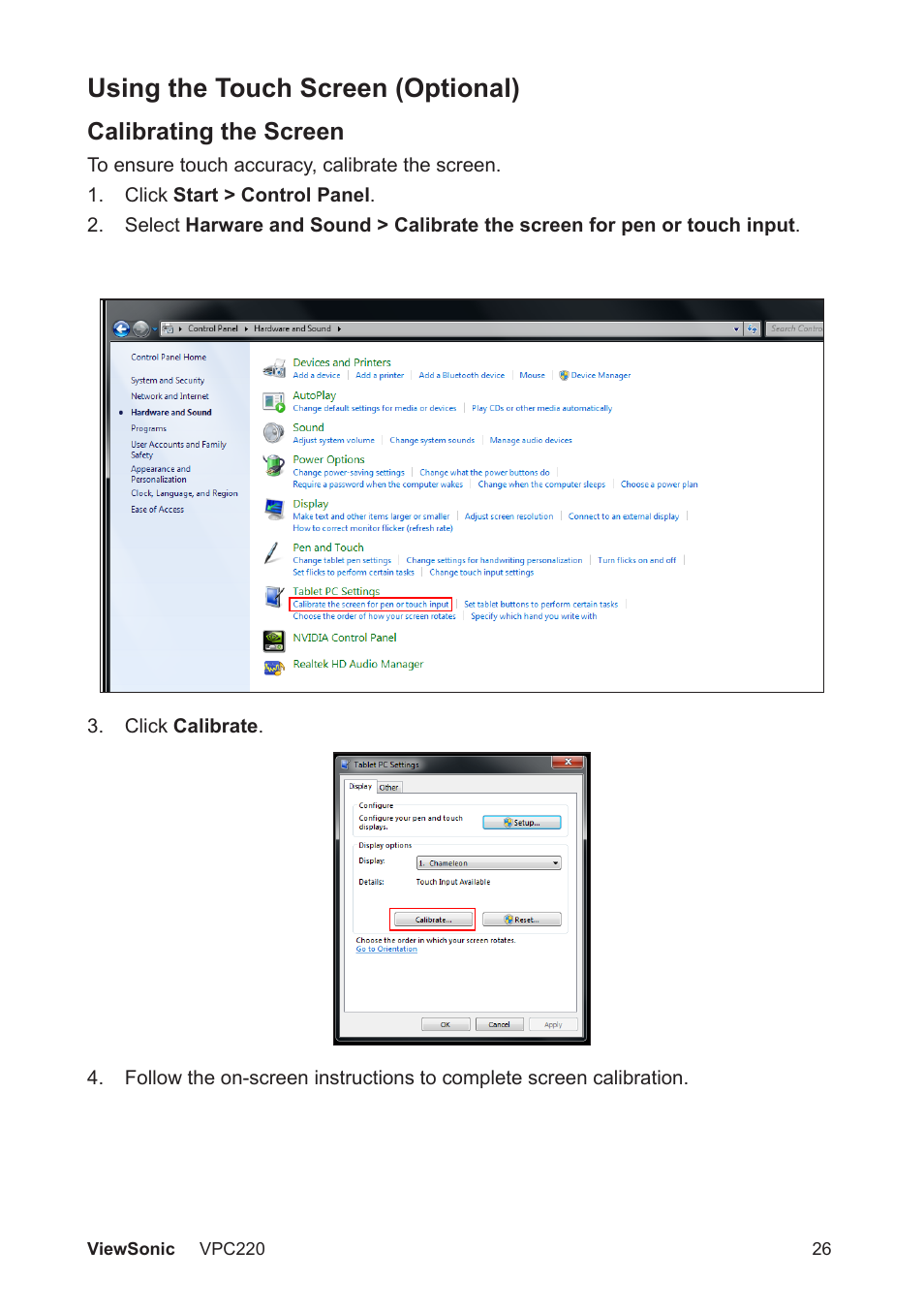 Using the touch screen (optional) | VIEWSONIC VS13426 User Manual | Page 33 / 59