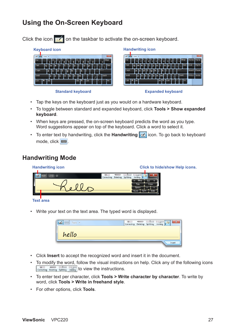 Using the on-screen keyboard, Handwriting mode | VIEWSONIC VS13426 User Manual | Page 34 / 59