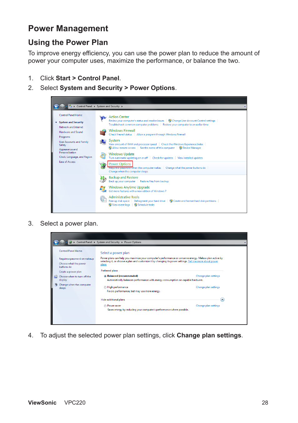 Power management, Using the power plan | VIEWSONIC VS13426 User Manual | Page 35 / 59