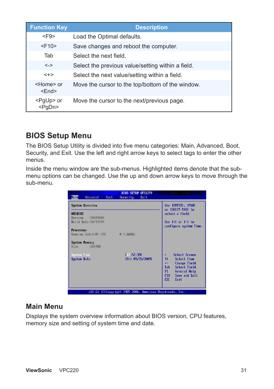 Bios setup menu, Main menu | VIEWSONIC VS13426 User Manual | Page 38 / 59