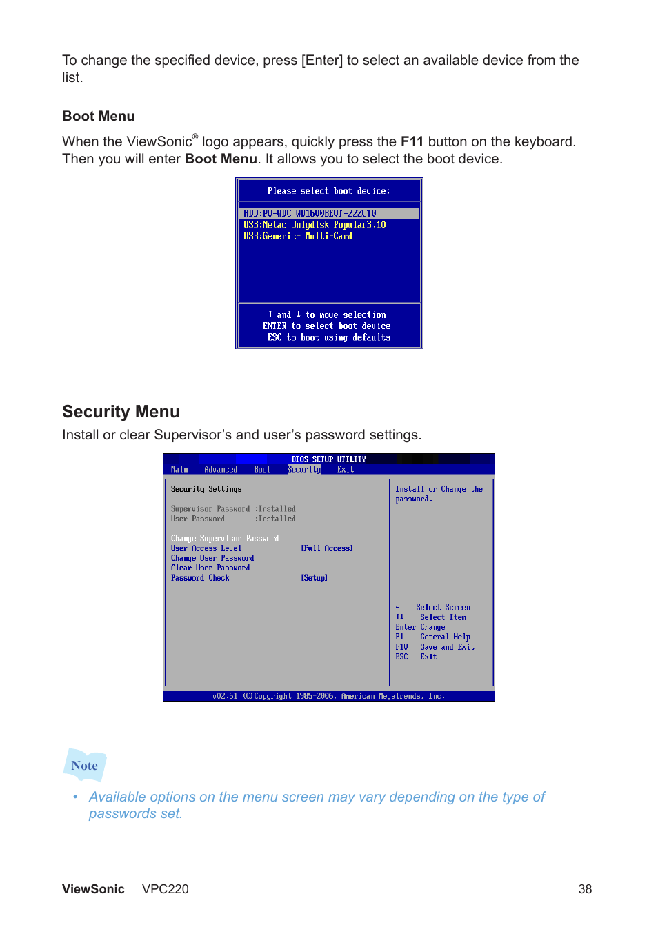 Security menu | VIEWSONIC VS13426 User Manual | Page 45 / 59