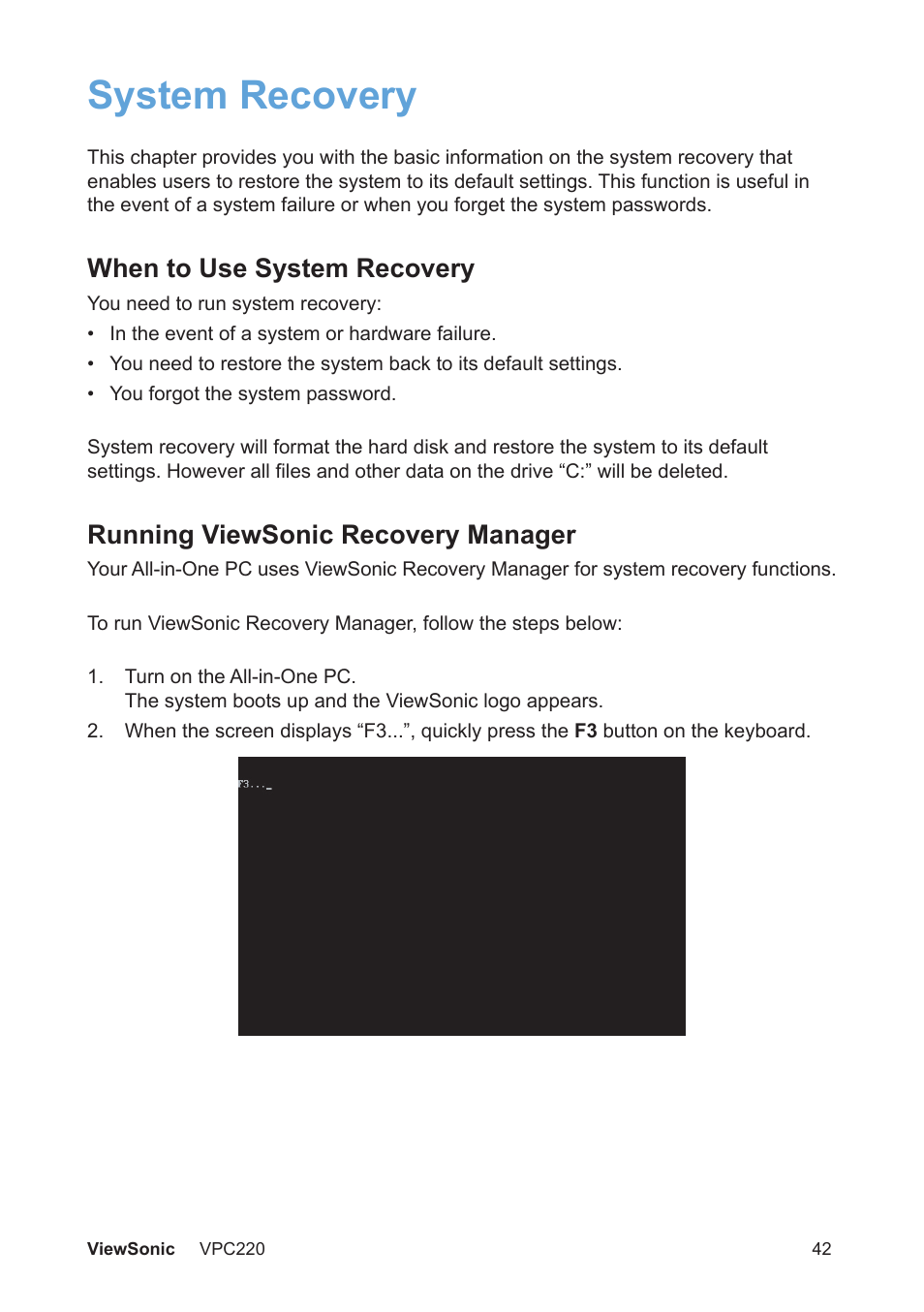 System recovery, When to use system recovery, Running viewsonic recovery manager | VIEWSONIC VS13426 User Manual | Page 49 / 59