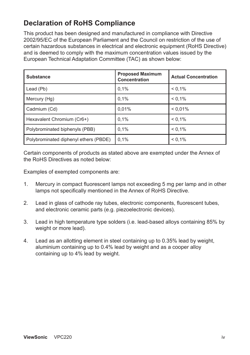 Declaration of rohs compliance | VIEWSONIC VS13426 User Manual | Page 5 / 59