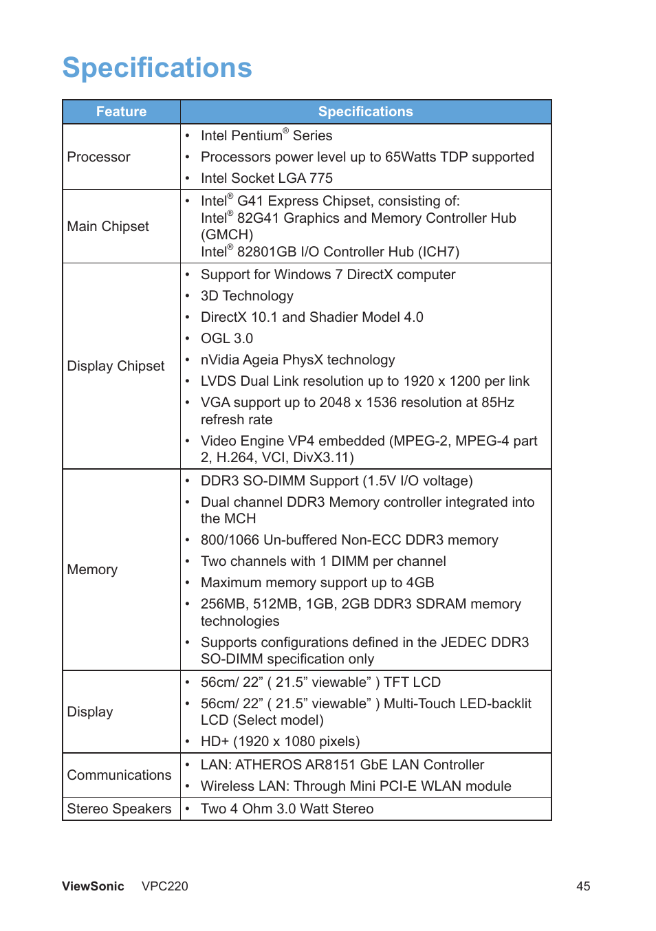 Specifications | VIEWSONIC VS13426 User Manual | Page 52 / 59