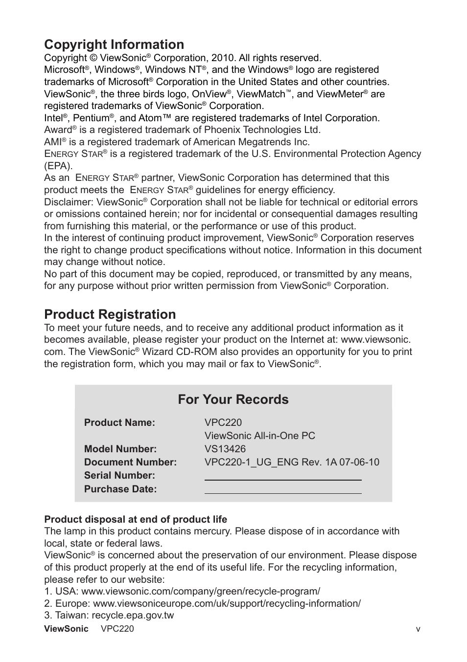 Copyright information, Product registration, For your records | VIEWSONIC VS13426 User Manual | Page 6 / 59