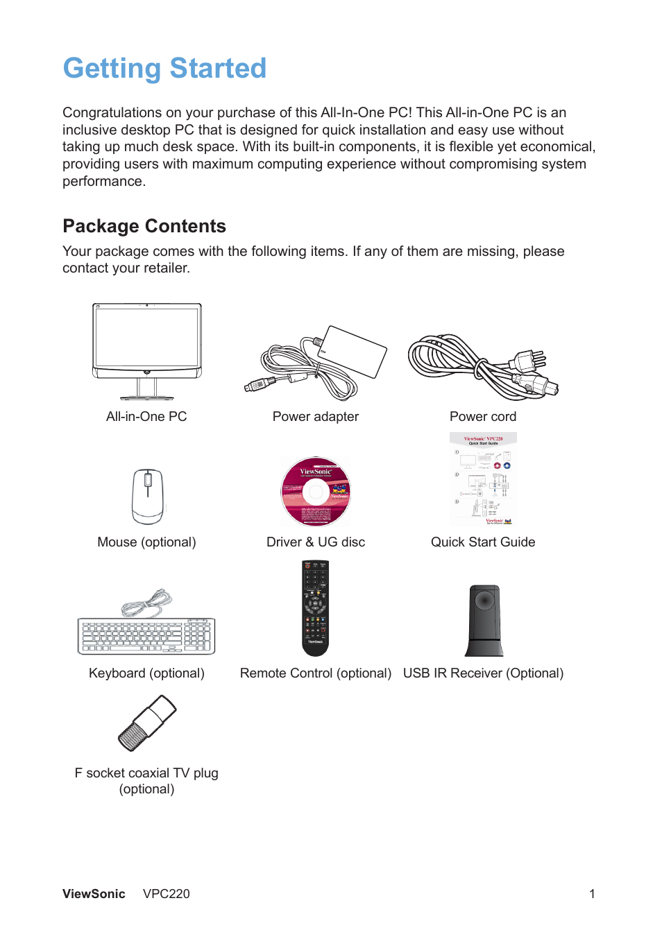 Getting started, Package contents | VIEWSONIC VS13426 User Manual | Page 8 / 59