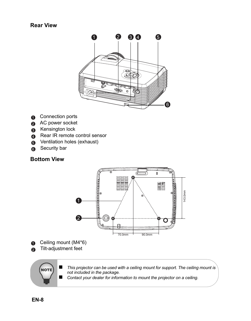Rear view, Bottom view, En-8 | VIEWSONIC PJD6212 User Manual | Page 11 / 43
