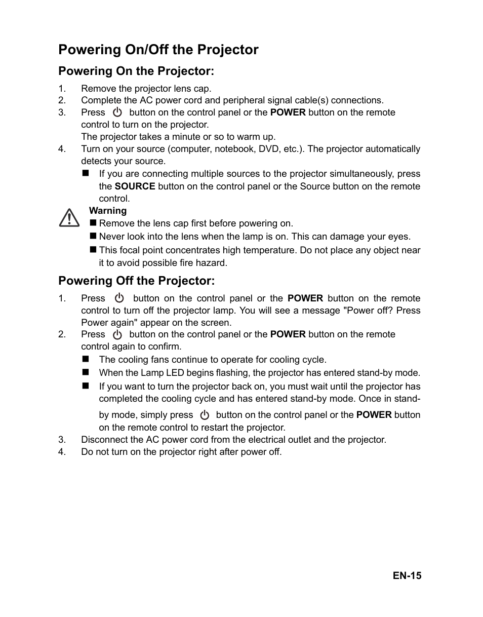 Powering on/off the projector, Powering on the projector, Powering off the projector | VIEWSONIC PJD6212 User Manual | Page 18 / 43