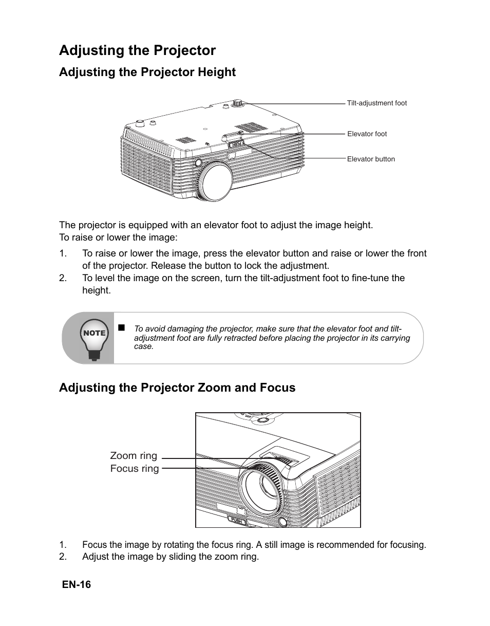 Adjusting the projector, Adjusting the projector height, Adjusting the projector zoom and focus | VIEWSONIC PJD6212 User Manual | Page 19 / 43