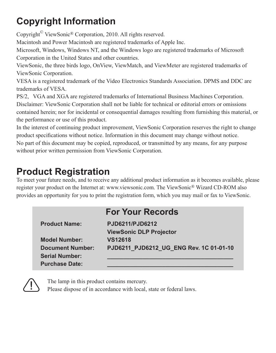 Copyright information, Product registration, For your records | VIEWSONIC PJD6212 User Manual | Page 2 / 43