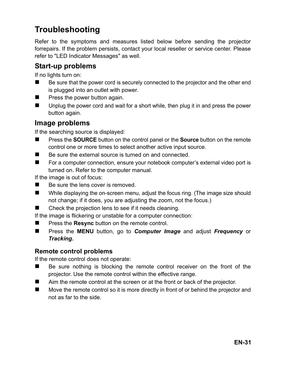 Troubleshooting, Start-up problems, Image problems | VIEWSONIC PJD6212 User Manual | Page 34 / 43