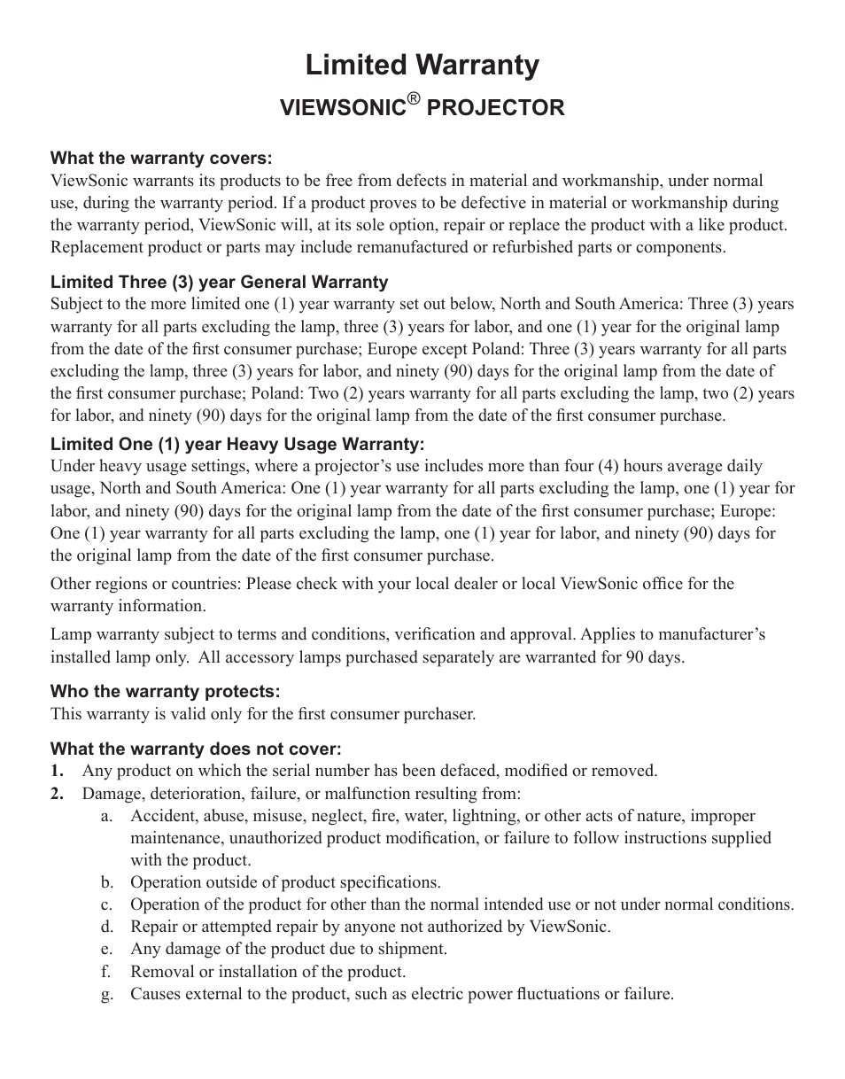 Limited warranty, Viewsonic, Projector | VIEWSONIC PJD6212 User Manual | Page 39 / 43