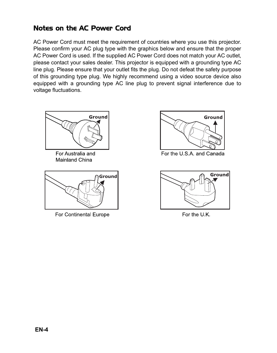 Notes on the ac power cord | VIEWSONIC PJD6212 User Manual | Page 7 / 43