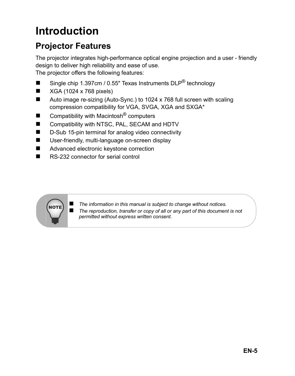 Introduction, Projector features | VIEWSONIC PJD6212 User Manual | Page 8 / 43