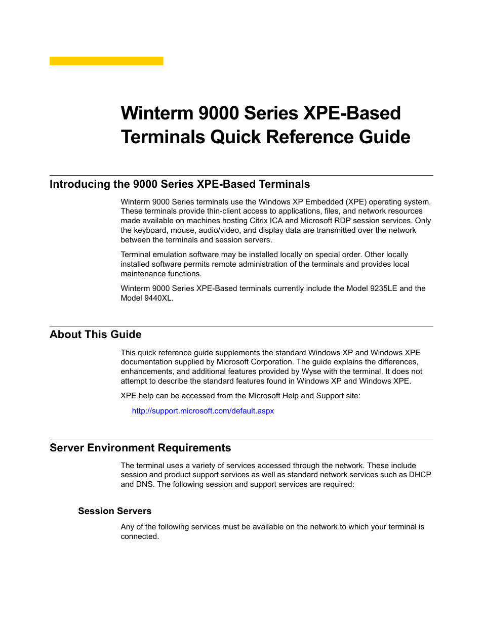 Introducing the 9000 series xpe-based terminals, About this guide, Server environment requirements | Session servers | Wyse Technology WintermTM 9000 User Manual | Page 21 / 62